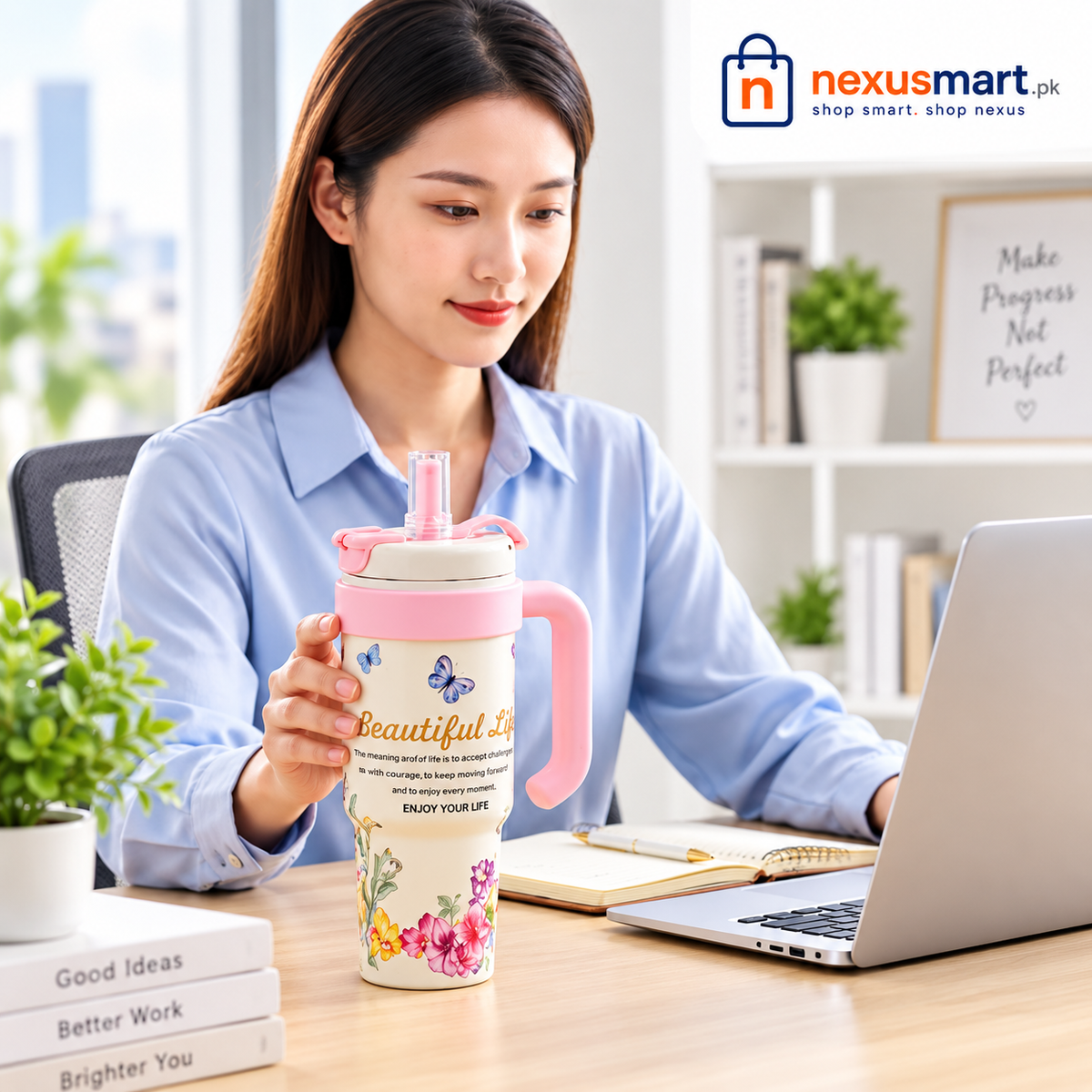 1000ml Insulated Vacuum Floral Tumbler with Handle & Straw
