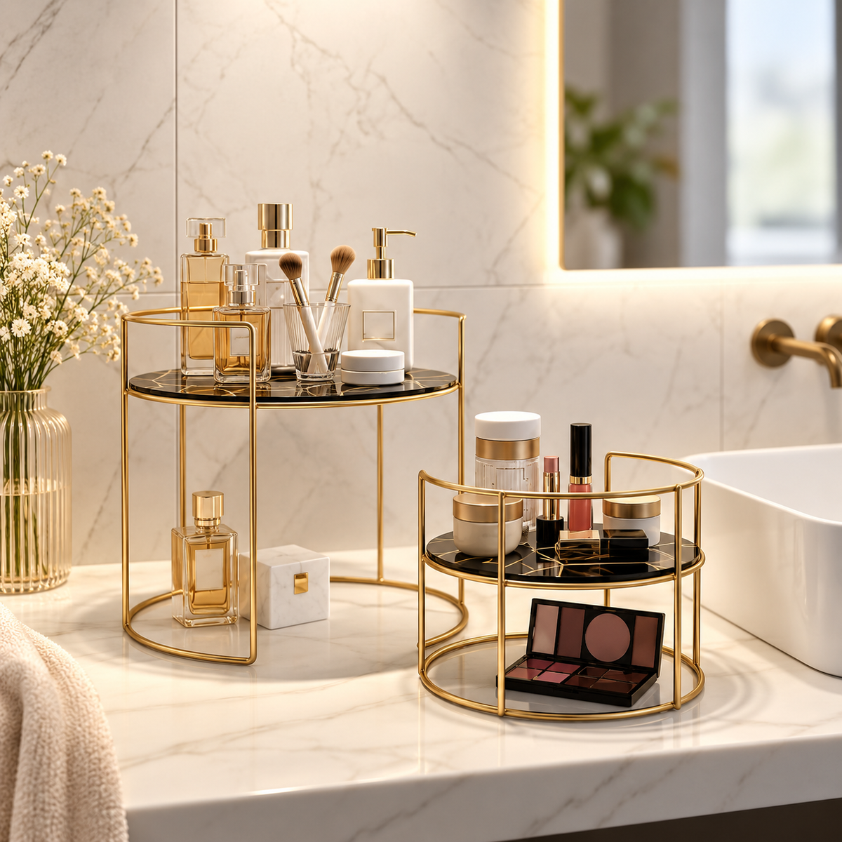 Matrix Golden Vanity Duo – Decorative Vanity Organizer Set