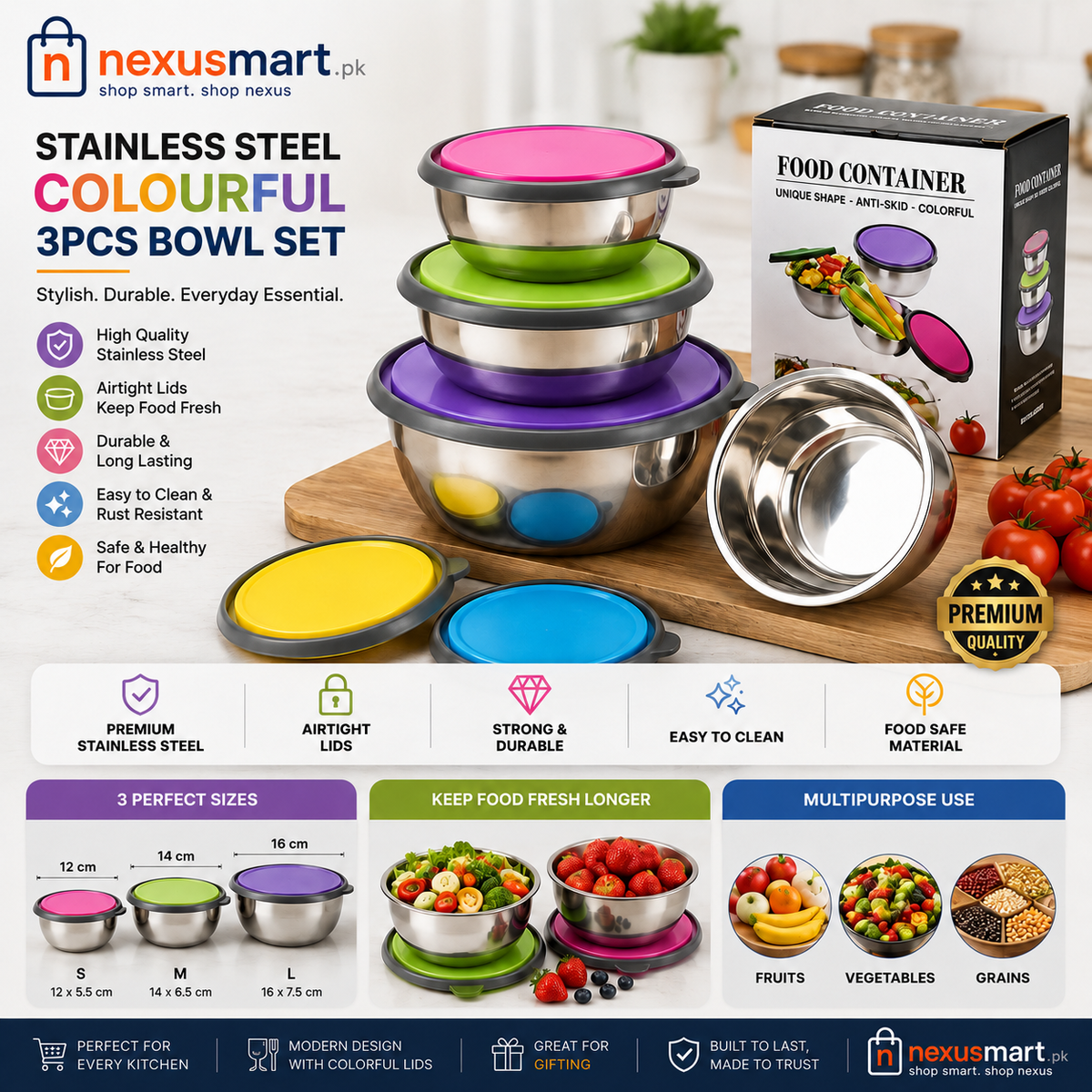 Stainless Steel Colourful 3-Piece Bowl Set with Lids β Food Storage Bowls