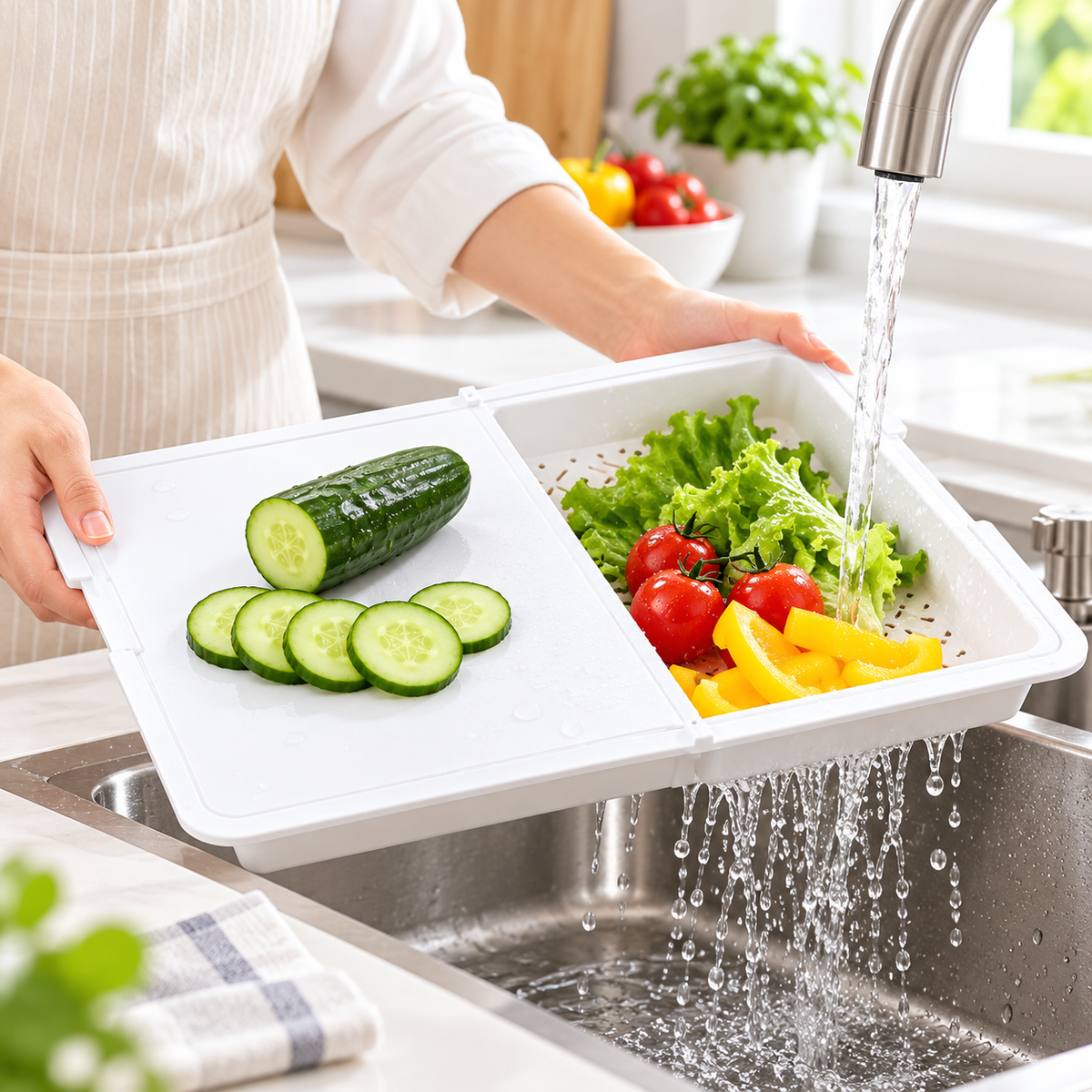 3-in-1 Cutting Board with Dual Compartments & Drainage Basket