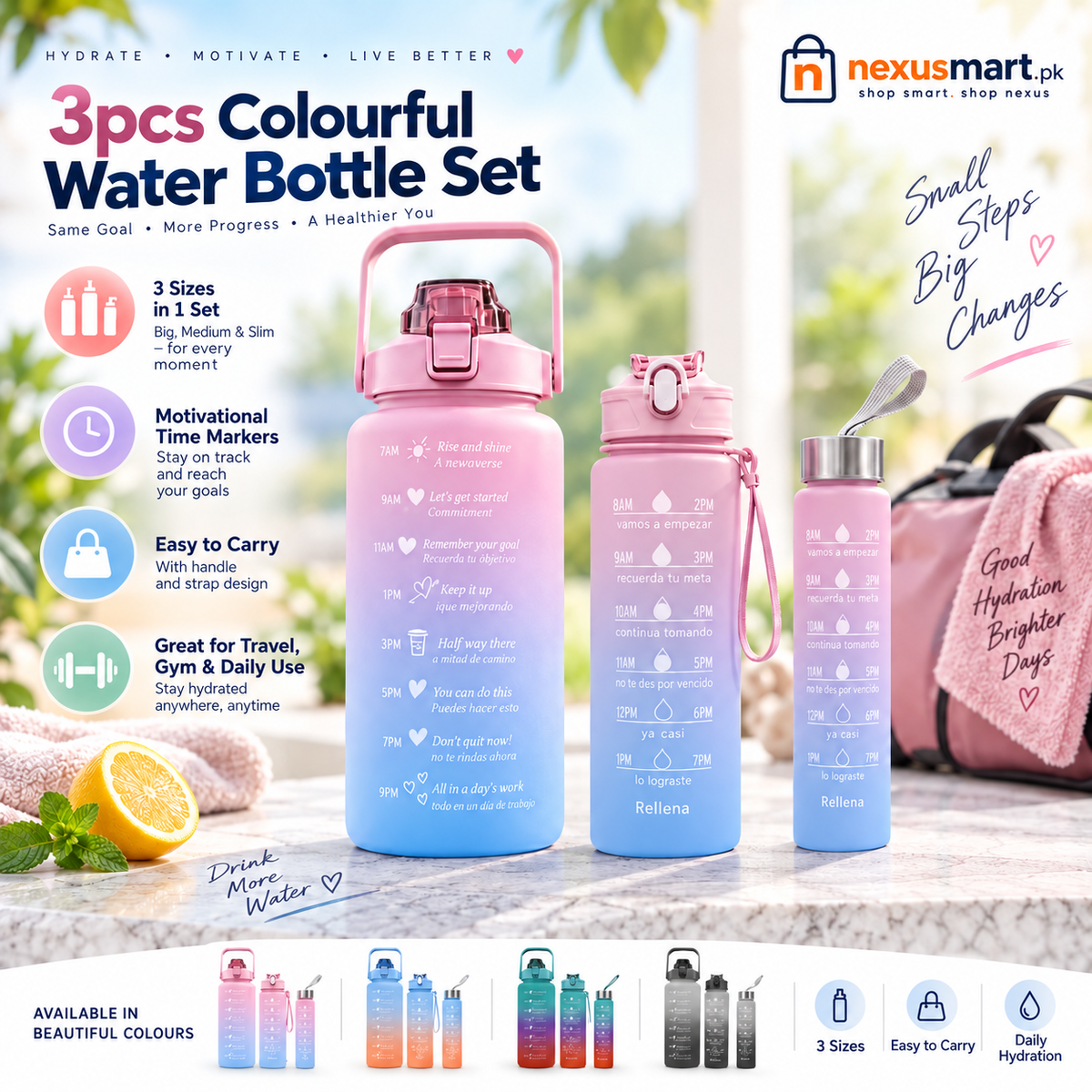 3-Piece Colourful Motivational Water Bottle Set β 3 Sizes with Time Markers