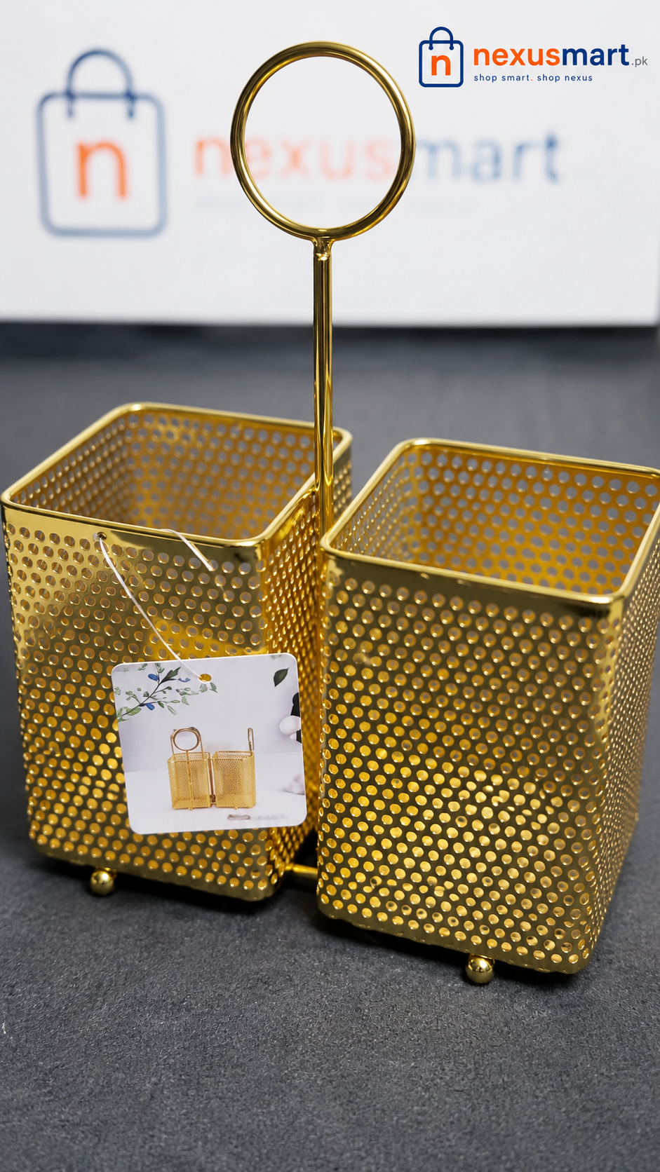 Golden Metal Spoon Holder β Double Compartment Kitchen Cutlery Organizer with Carry Ring