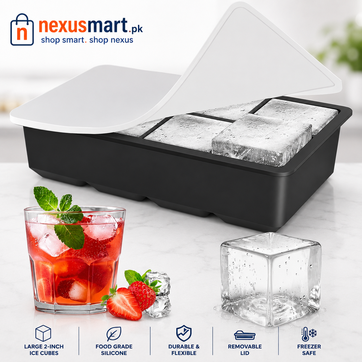 Large 2-Inch Square Silicone Ice Cube Tray with Removable Lid
