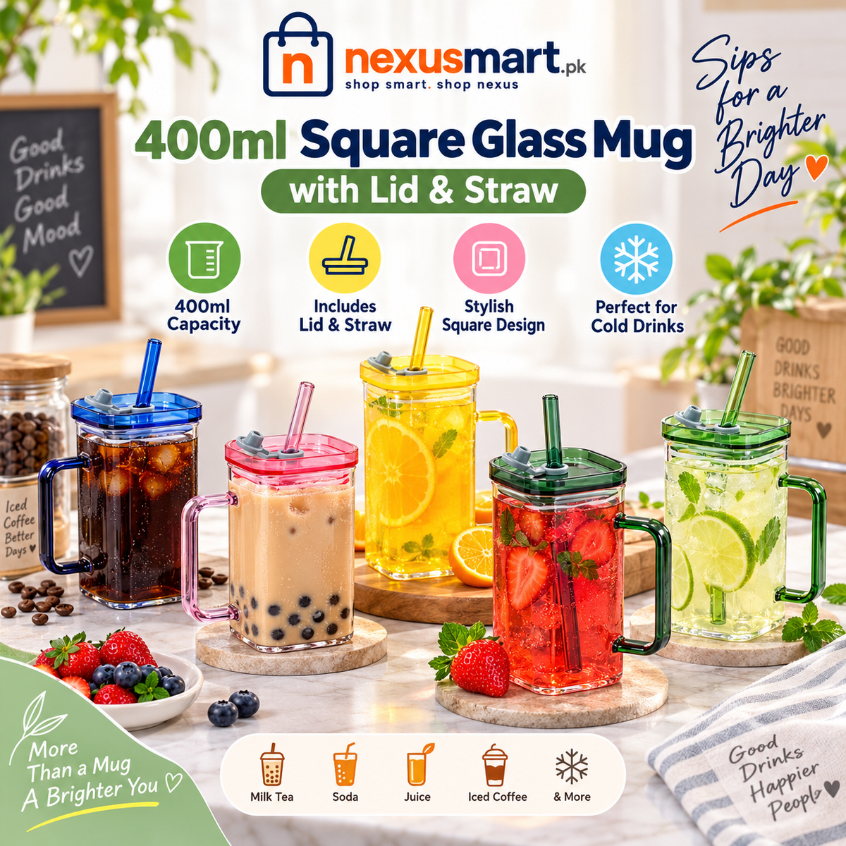 400ml Square Glass Mug with Lid & Straw – Drinking Cup