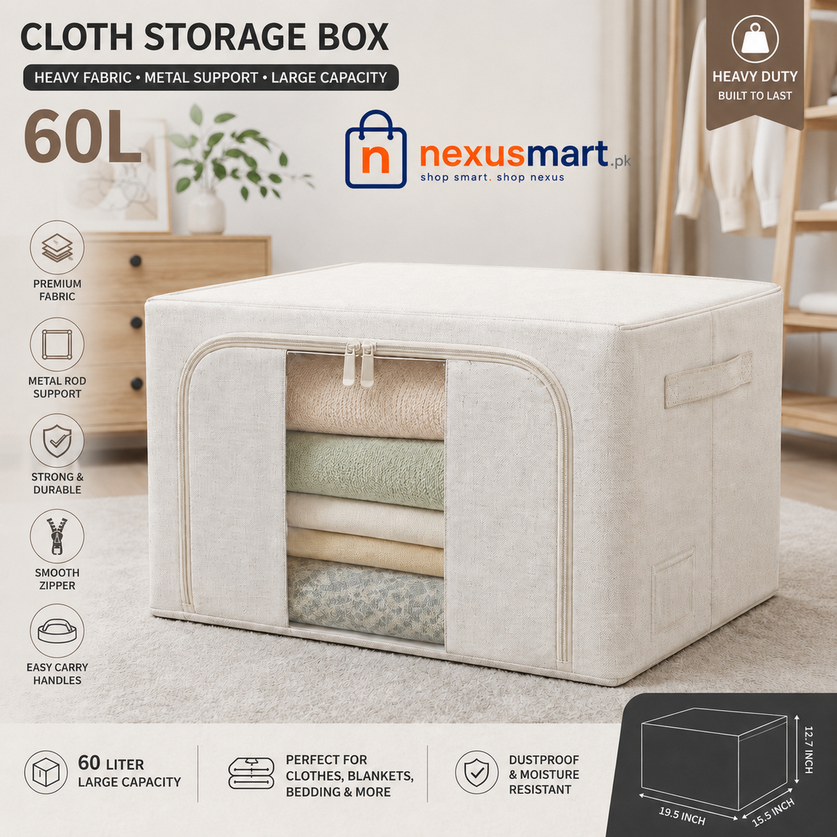 60L Heavy Duty Cloth Storage Box with Metal Rod Support β Foldable Organizer