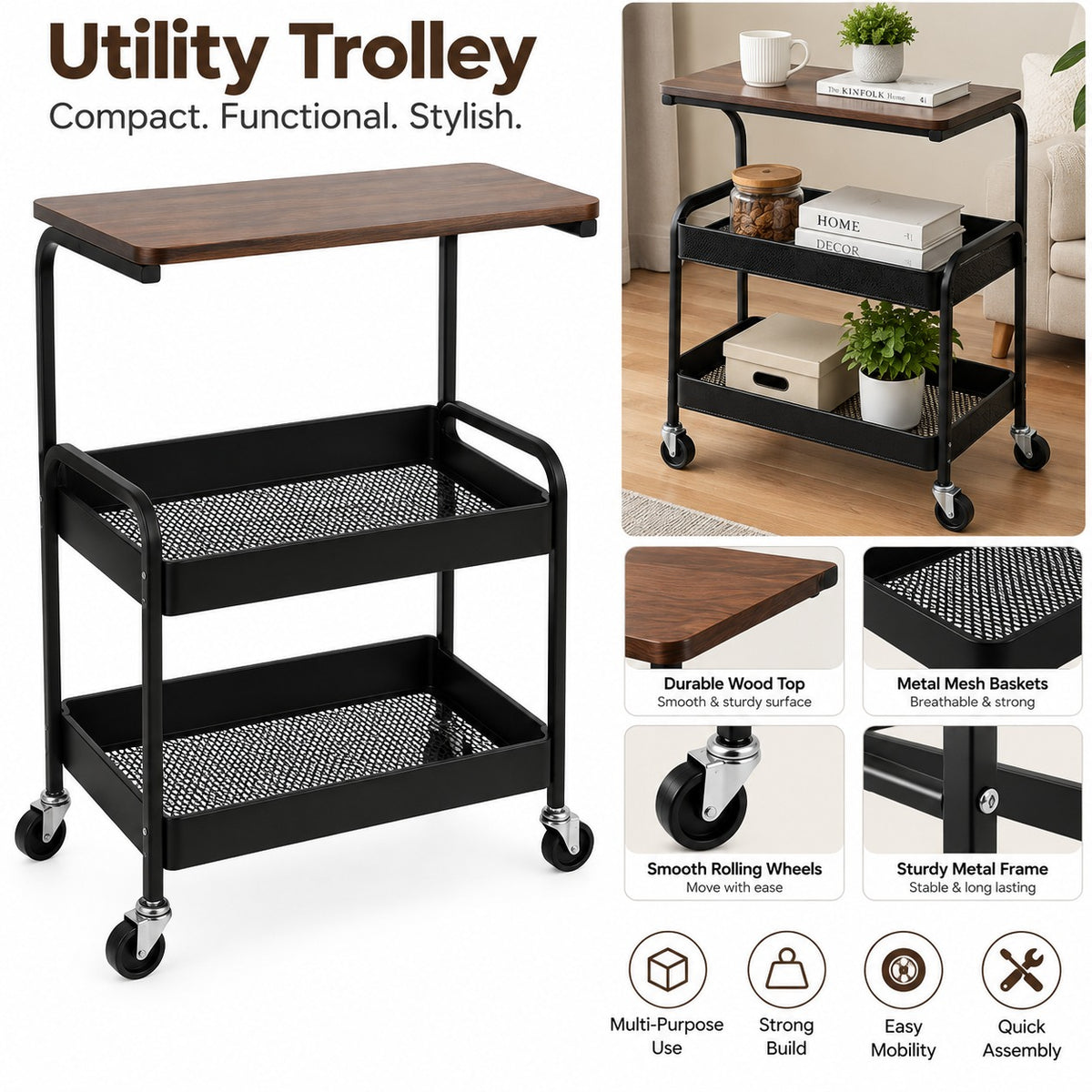 Metal Utility Trolley with Wood Top & Wheels