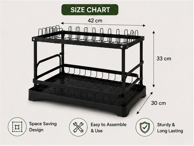 2-Tier Dish Drying Rack with Drain Tray β 42cm Kitchen Organizer