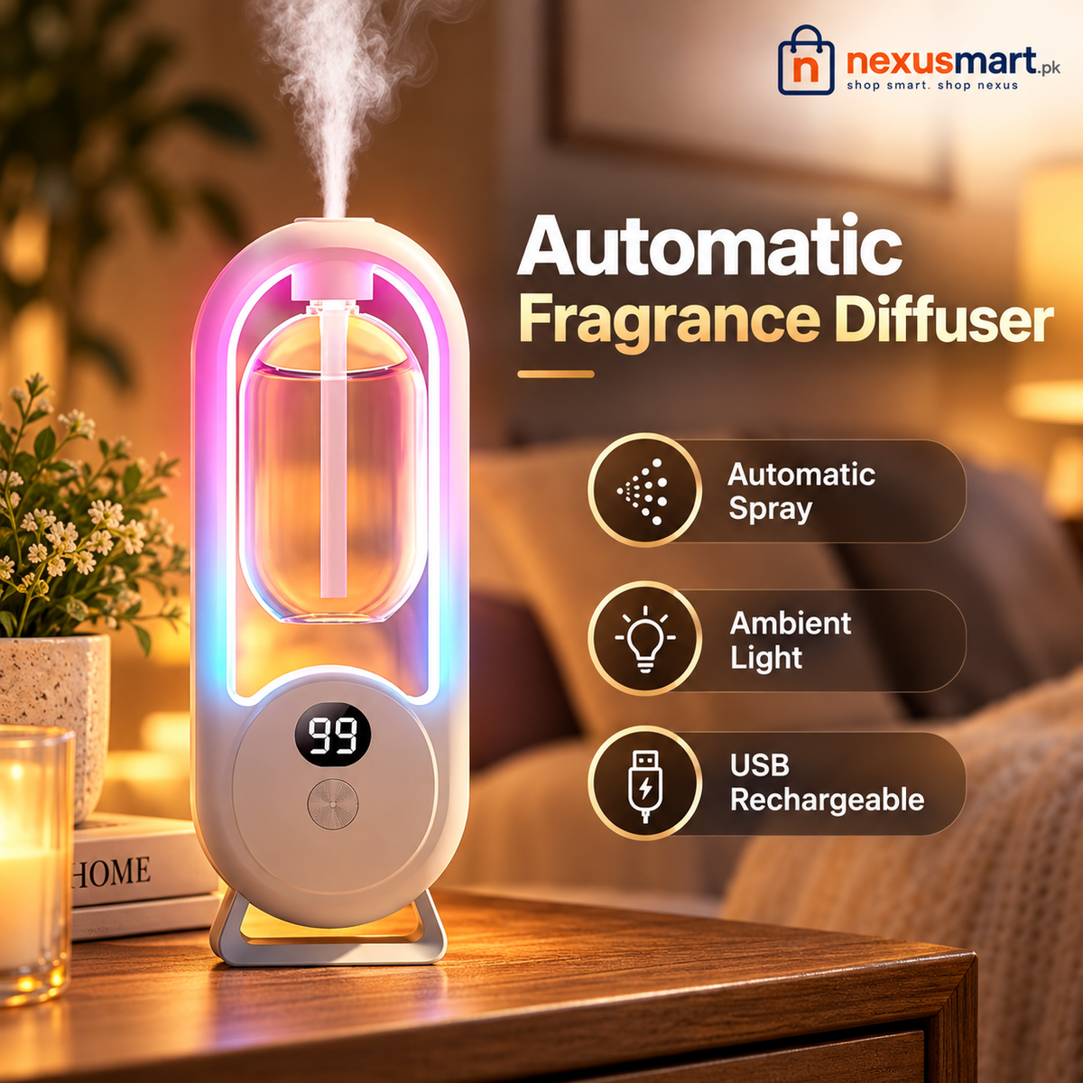 Rechargeable Automatic Fragrance Diffuser with Light & USB Power