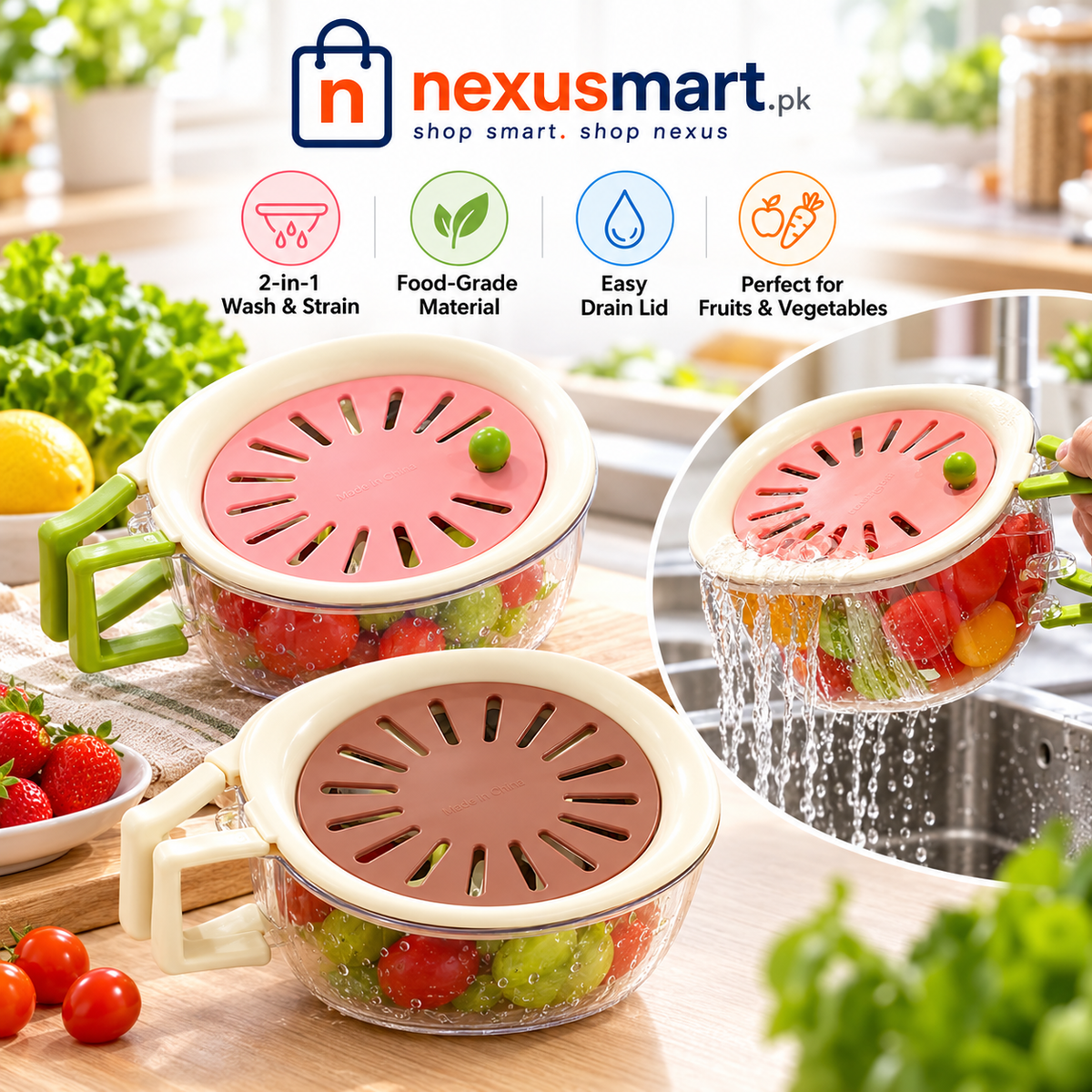 2-in-1 Fruit Strainer Container with Lid
