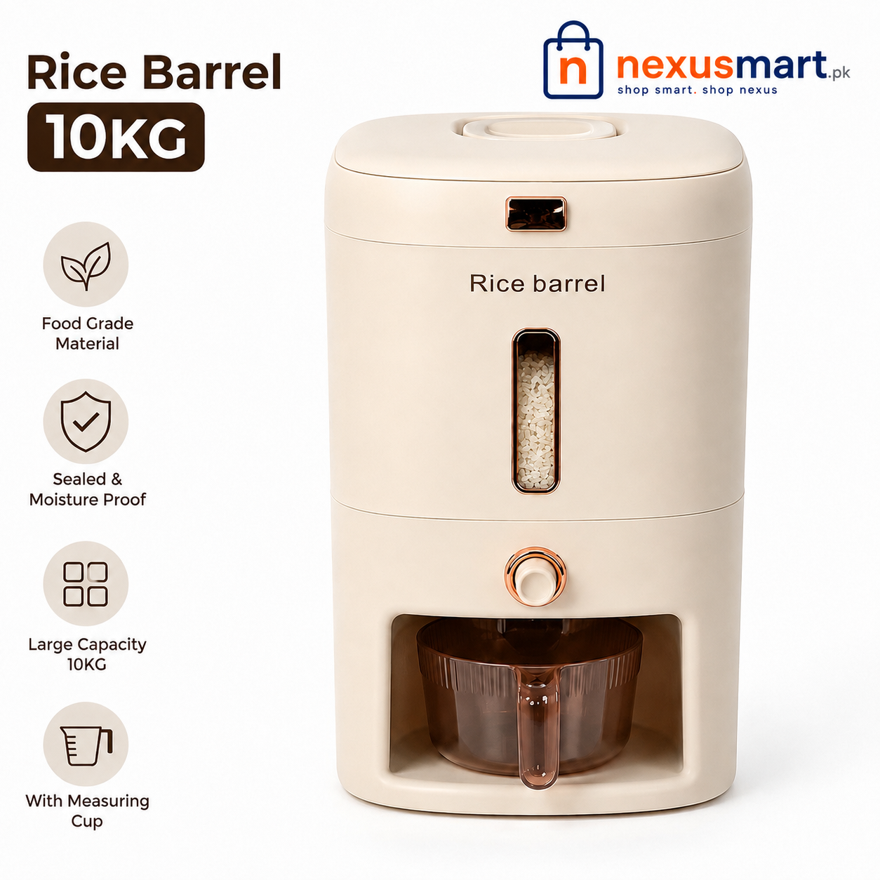 10KG Push Button Rice Barrel with Measuring Cup β Sealed Rice Storage Dispenser