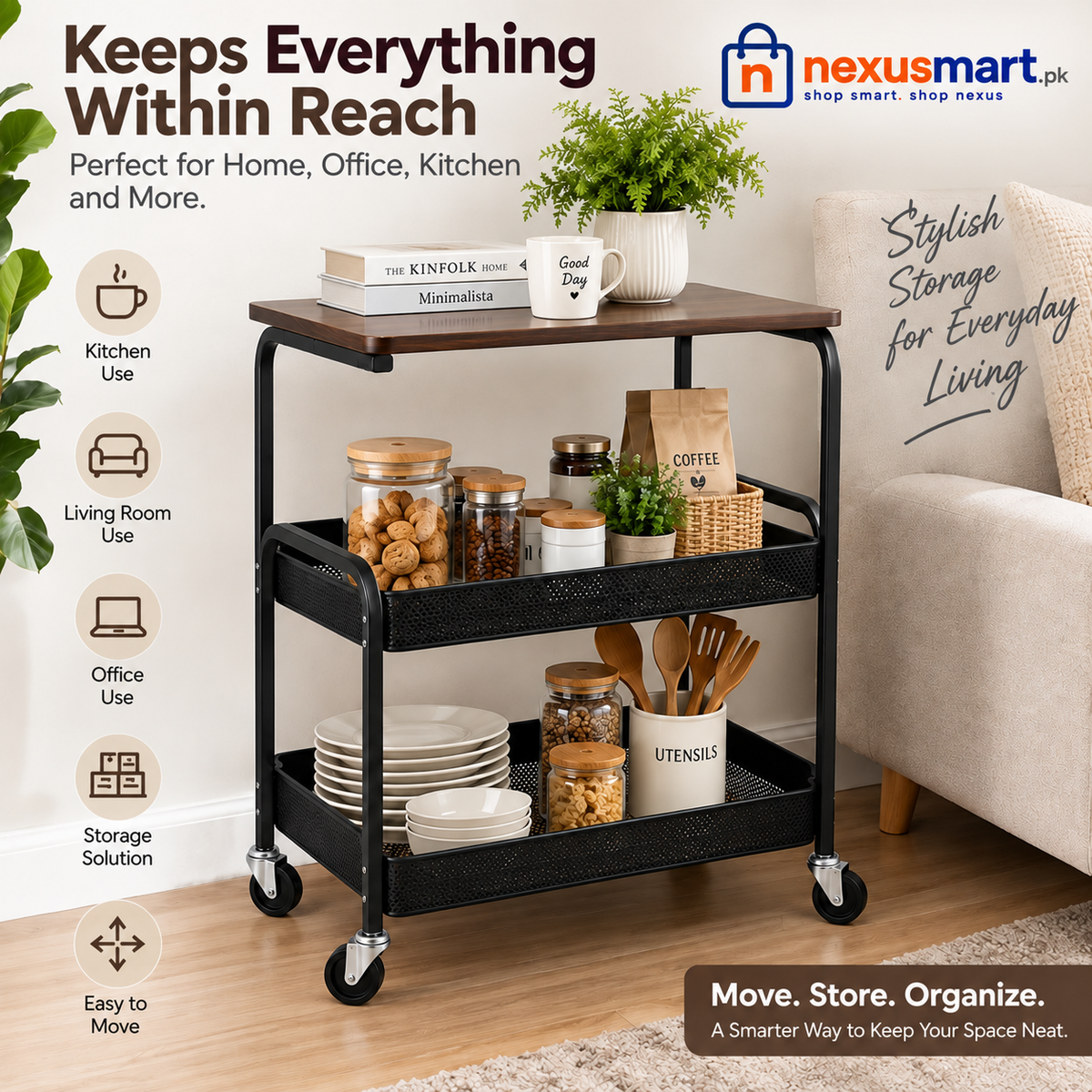 Metal Utility Trolley with Wood Top & Wheels