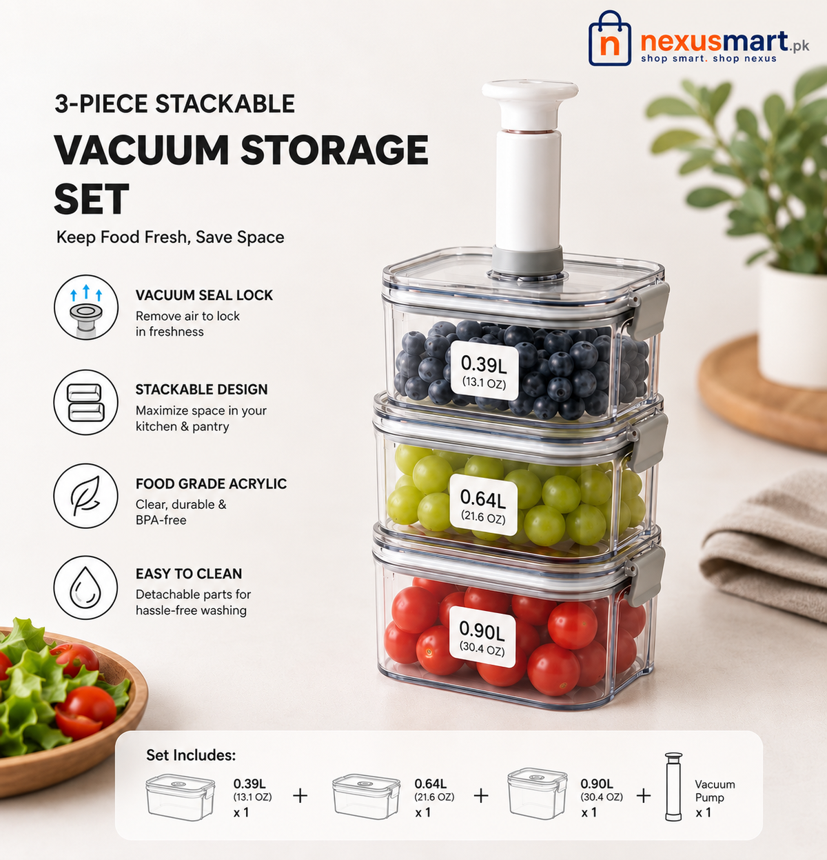 3-Piece Stackable Acrylic Vacuum Storage Box Set with Pump