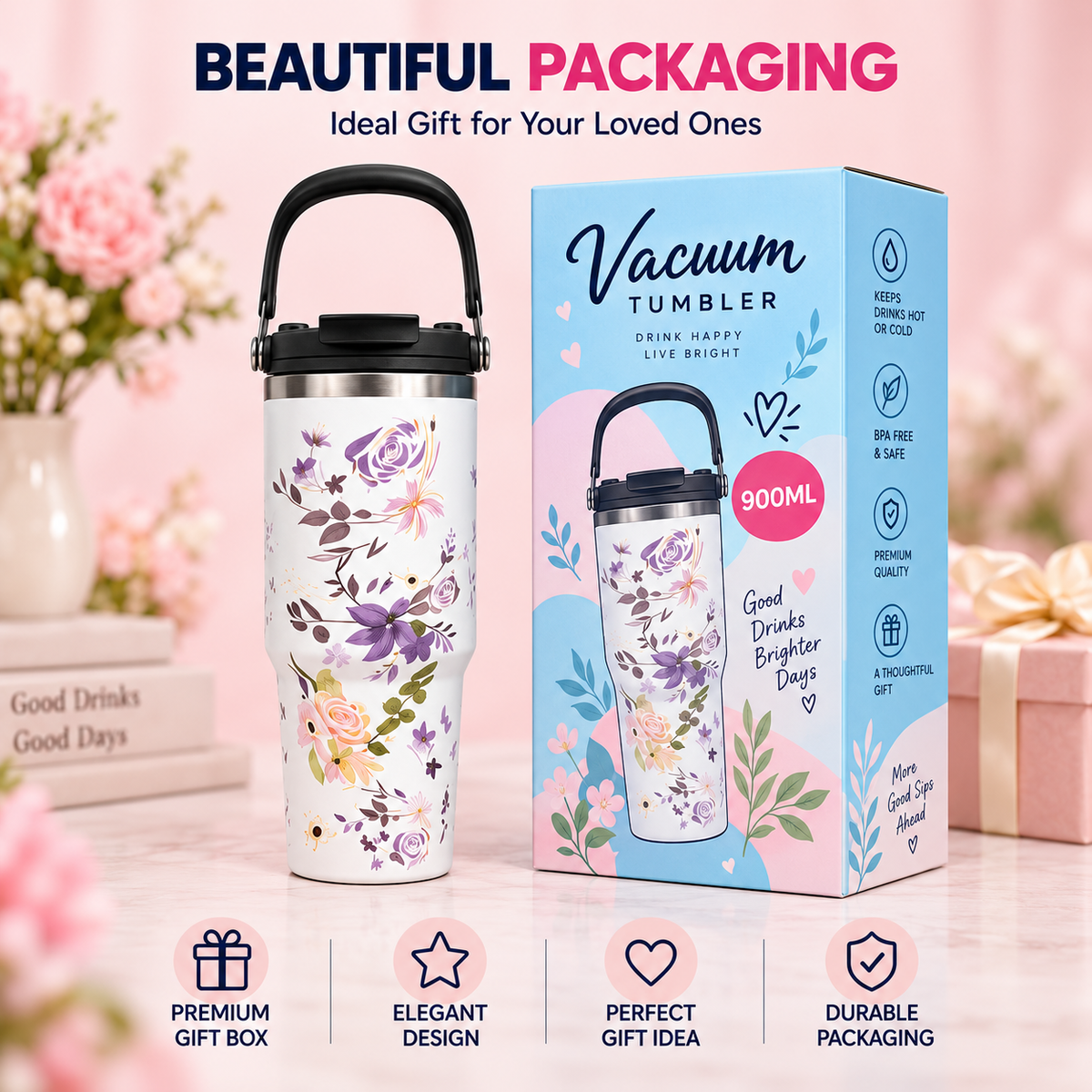 900ml Bow Design Tumbler β Cute Large Capacity Drink Cup