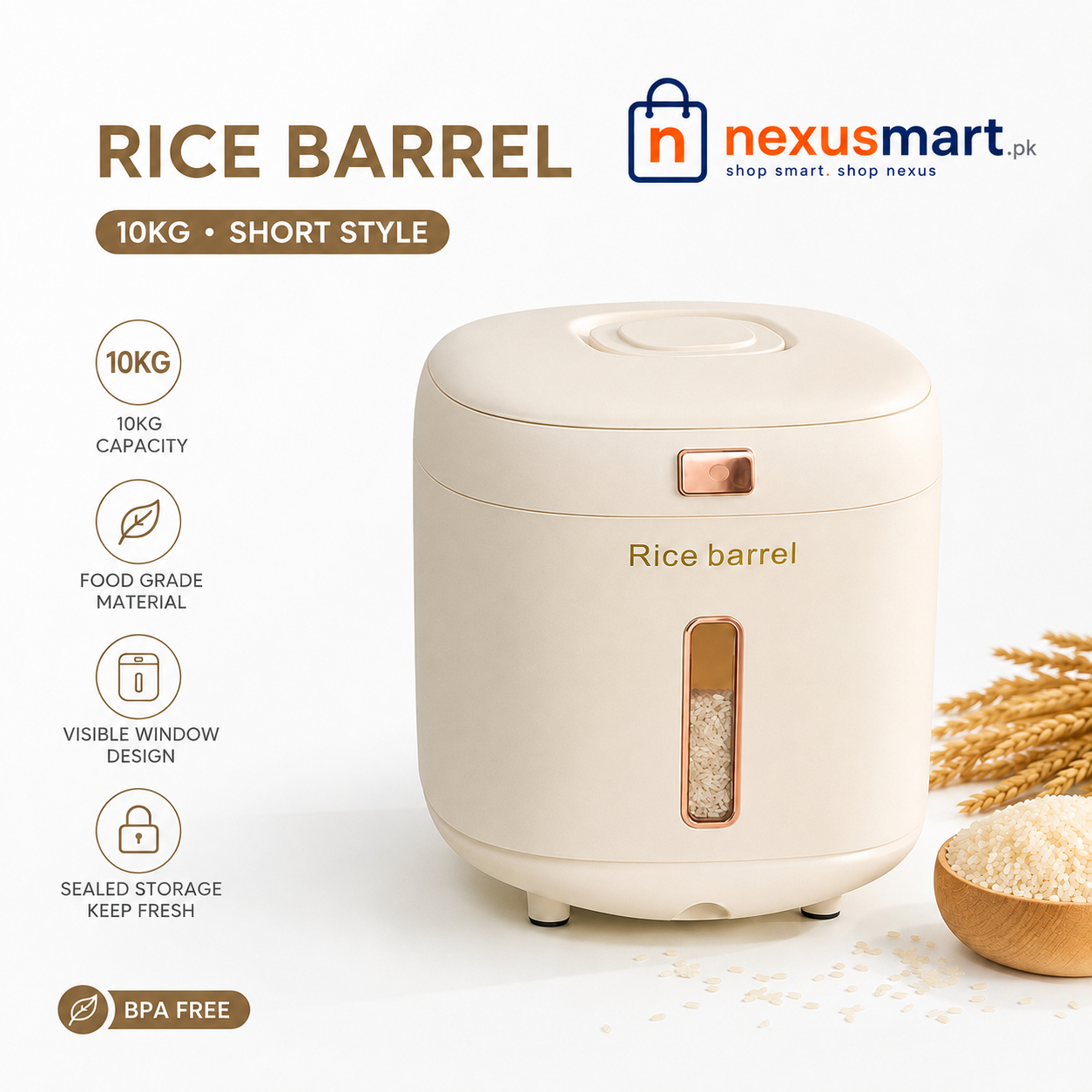 10KG Rice Barrel Bin – Sealed Rice Storage Container with Visible Window