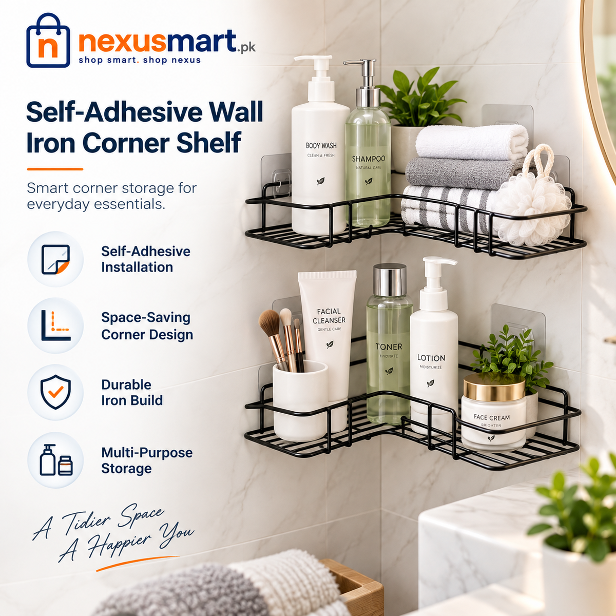 Self-Adhesive Wall Iron Corner Shelf – Space-Saving Corner Organizer