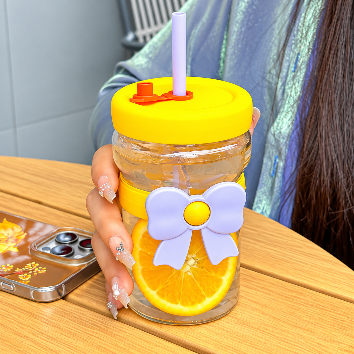 Bow Glass Cup with Straw & Lid β 480ml Cute Drinking Cup