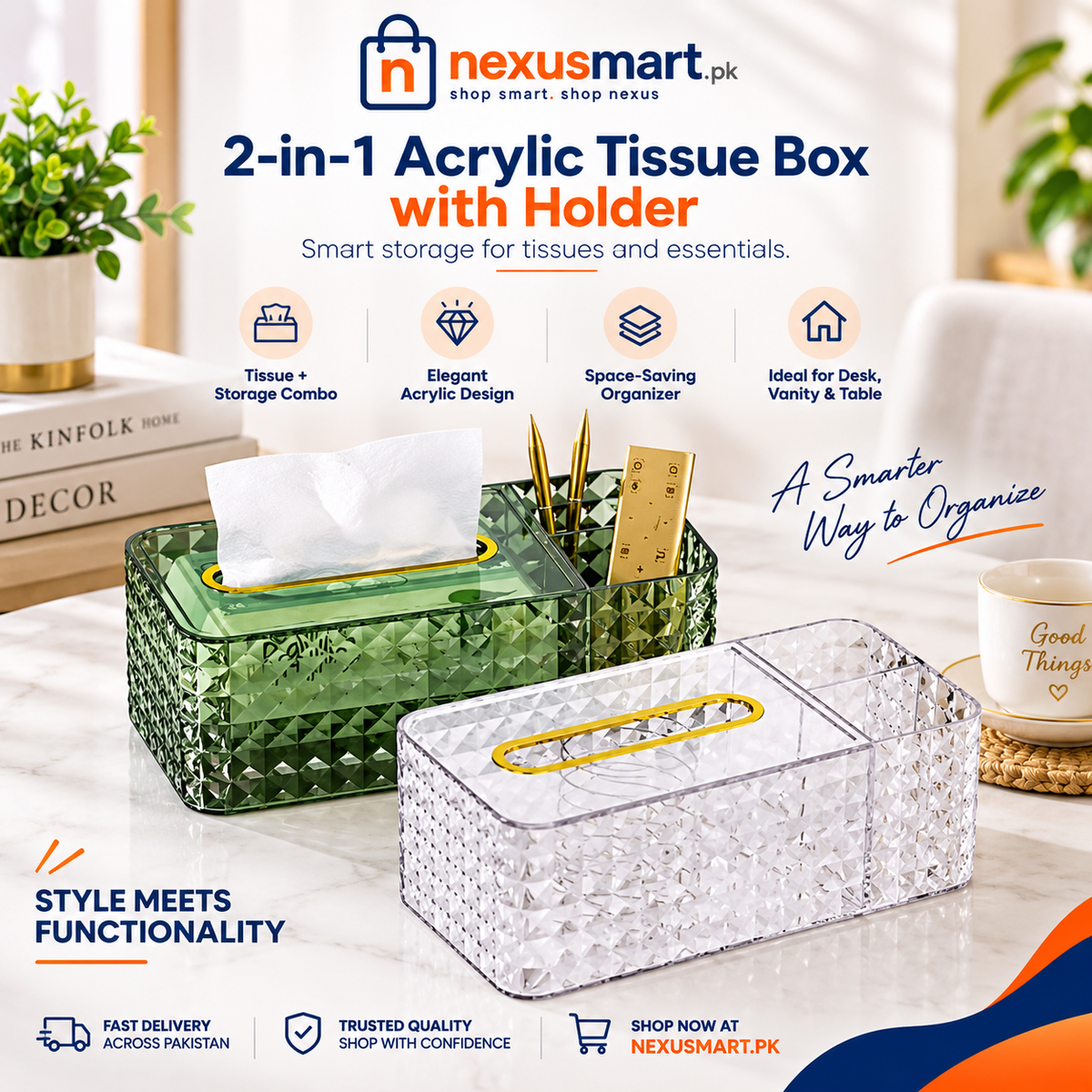 2-in-1 Acrylic Tissue Box with Holder – Multipurpose Table Organizer