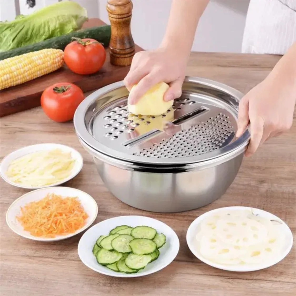 Stainless Steel 3 in 1 Colander Basin with Vegetable Slicer & Grater