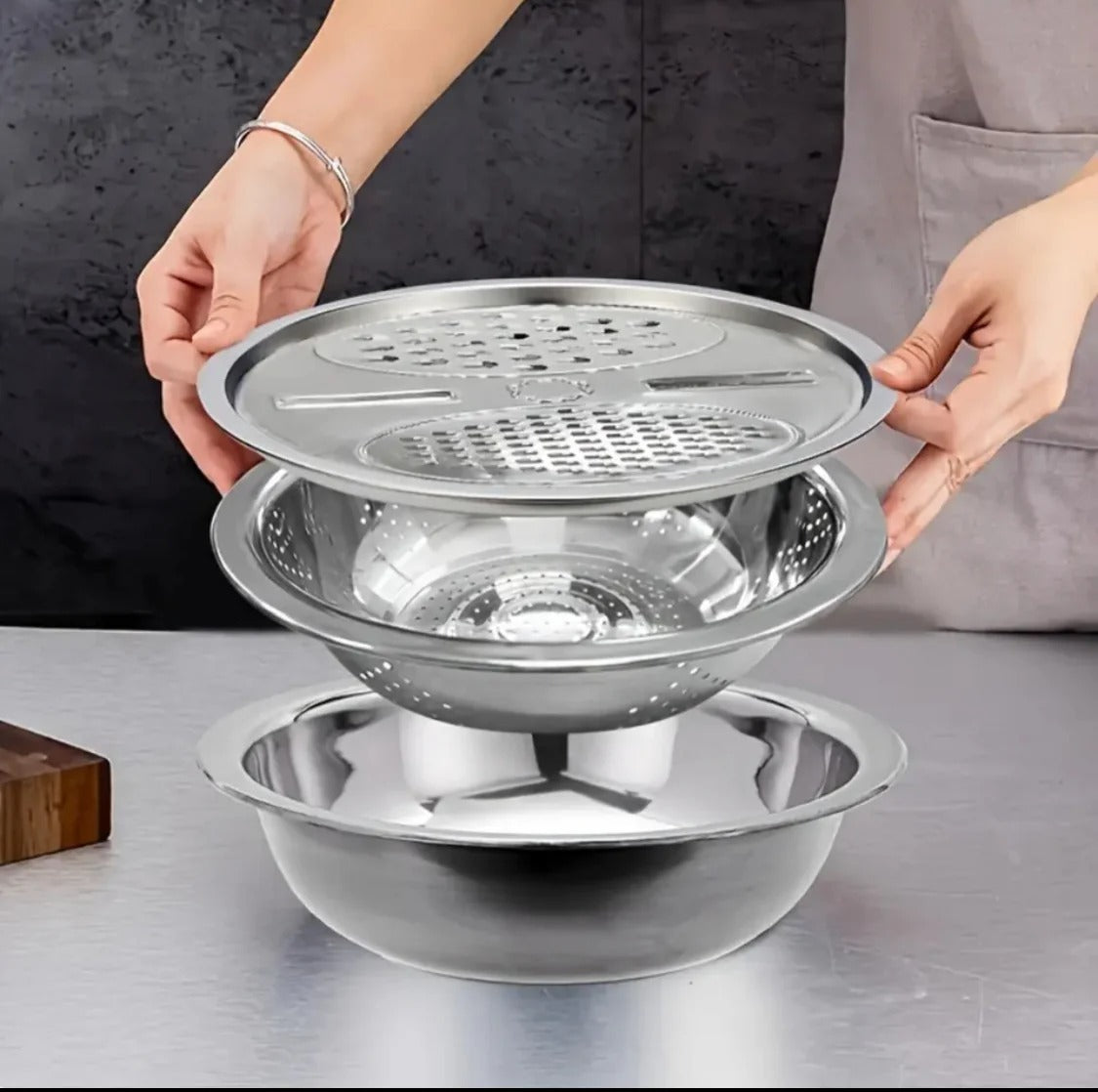 Stainless Steel 3 in 1 Colander Basin with Vegetable Slicer & Grater