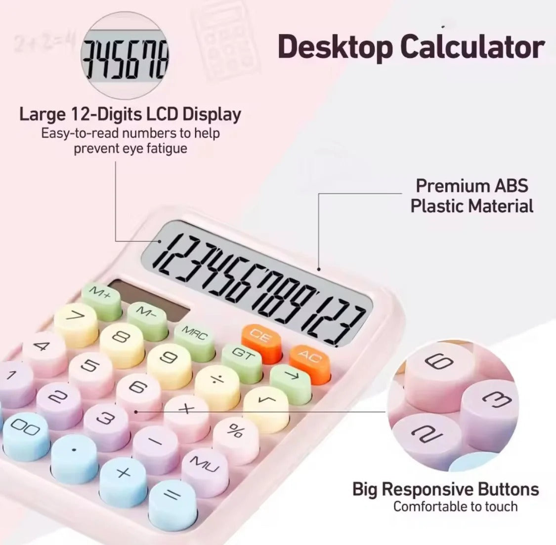 Cute 12 Digit Calculator with Big Buttons & Large LCD Display