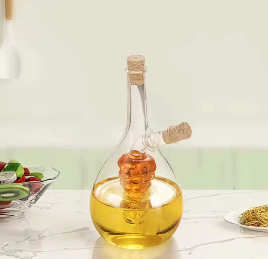 2 In 1 Transparent Glass Oil Bottle with Lid, Creative Double Mouth Glass Seasoning Oil Pot, 2 in 1 Kitchen Cruet Bottle with Cork Stopper