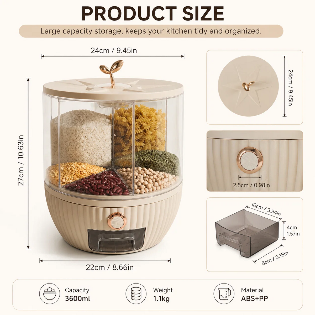 6-Grid 360° Rotating Grain & Rice Dispenser – Multi-Compartment Kitchen Storage