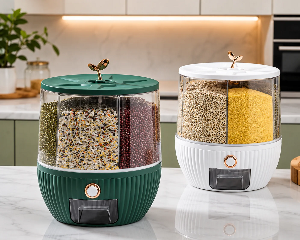 6-Grid 360° Rotating Grain & Rice Dispenser – Multi-Compartment Kitchen Storage