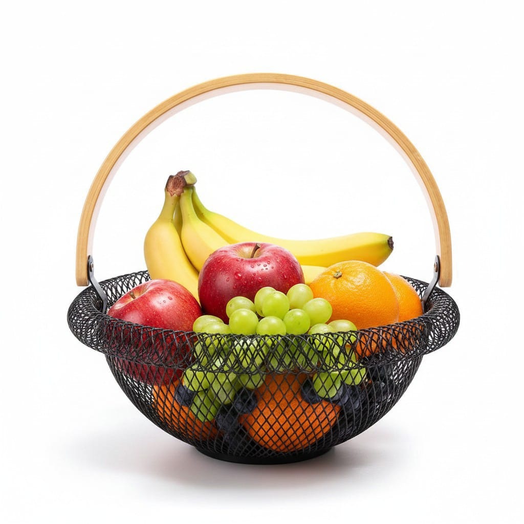 Black mesh fruit basket with fresh fruit, wooden carrying handle