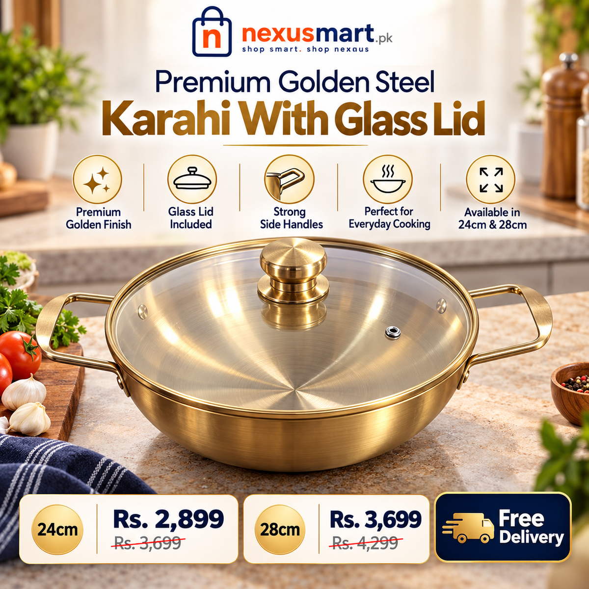 Premium Golden Steel Karahi with Glass Lid – 24cm and 28cm sizes, NexusMart.pk official branded main image