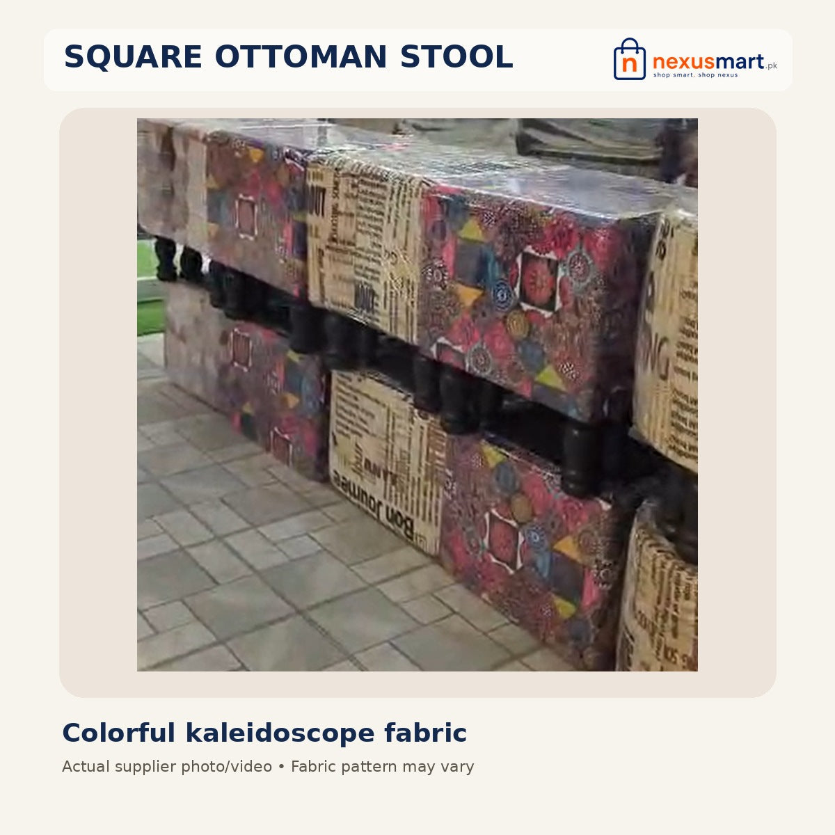 Square Boho Ottoman – actual supplier image, colorful printed upholstered stool with short dark legs