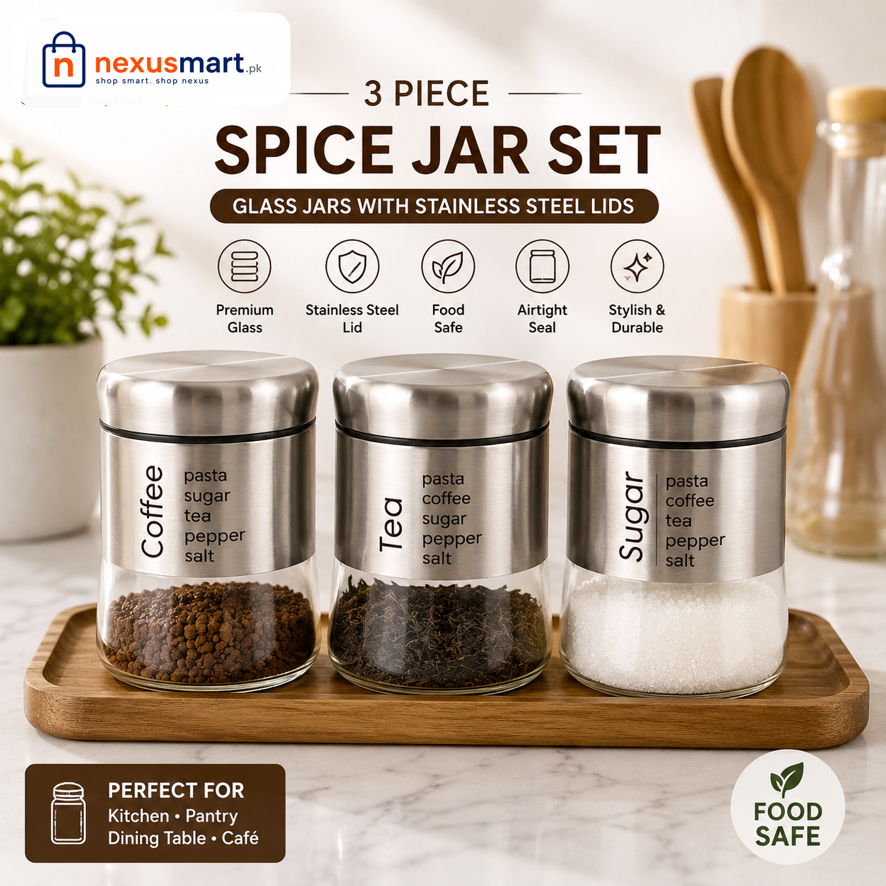 3 Piece Glass Spice Jar Set with Stainless Steel Lids β Kitchen Storage Jars