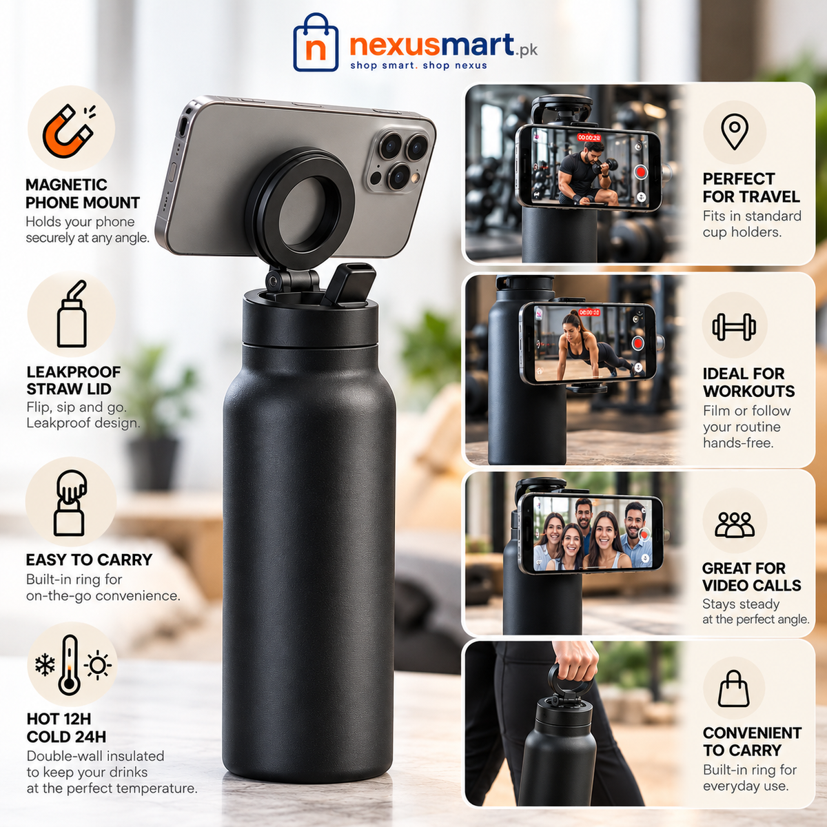 Magnetic phone holder water bottle for gym and office – NexusMart.pk