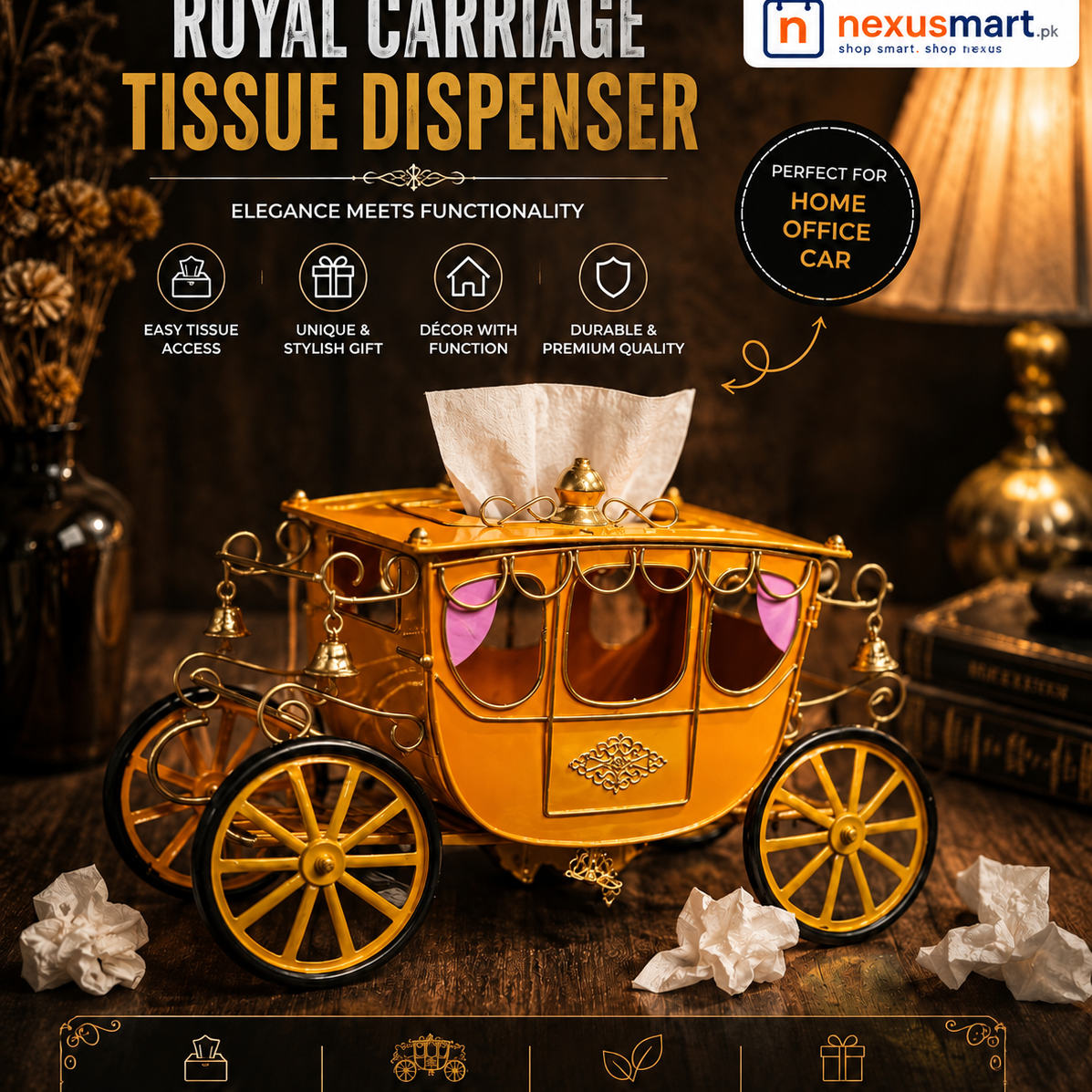 Antique Royal Carriage Tissue Box Holder, Handmade Premium Quality Metal Body Tissue Dispenser  Product Description