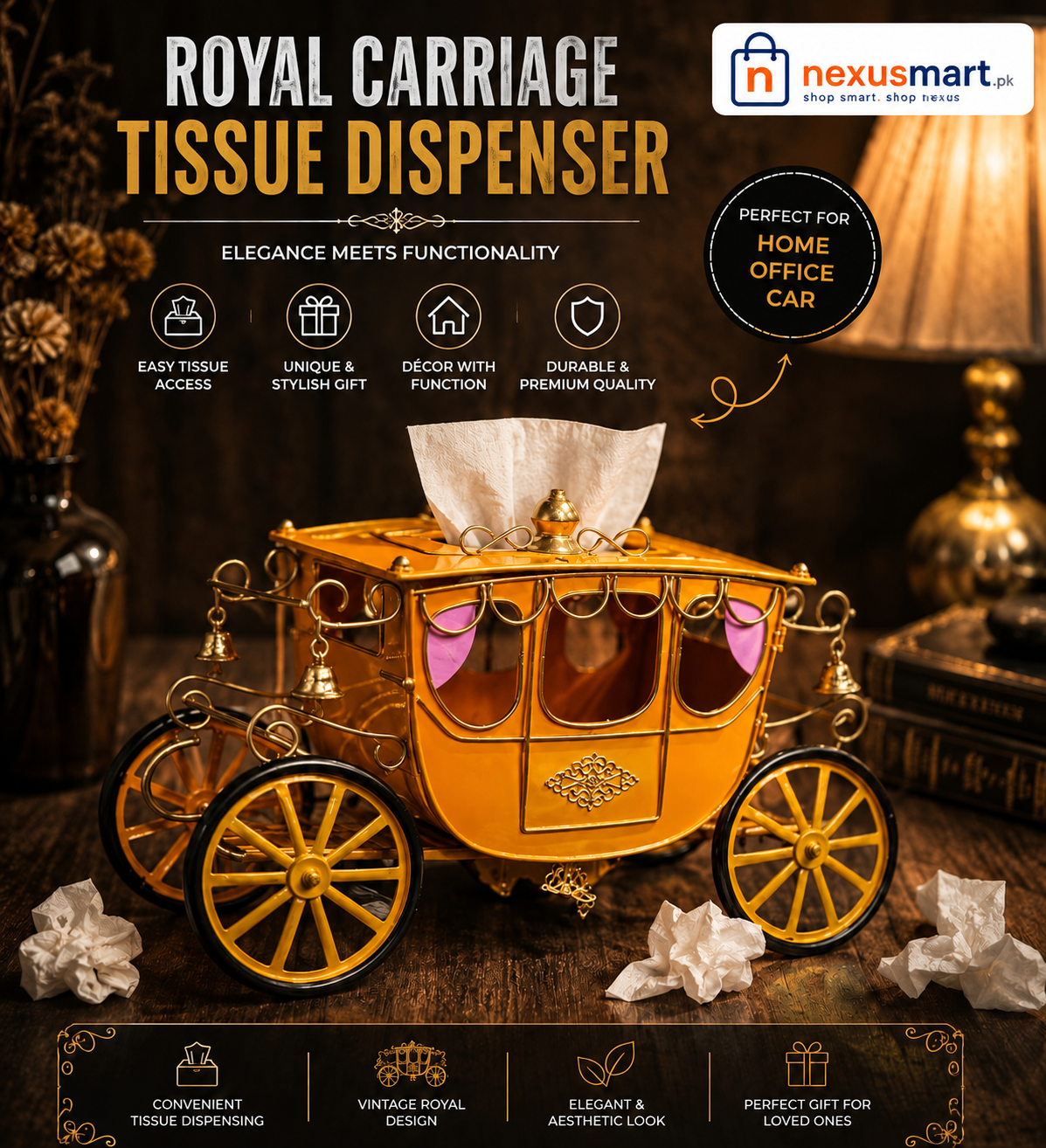Antique Royal Carriage Tissue Box Holder, Handmade Premium Quality Metal Body Tissue Dispenser  Product Description