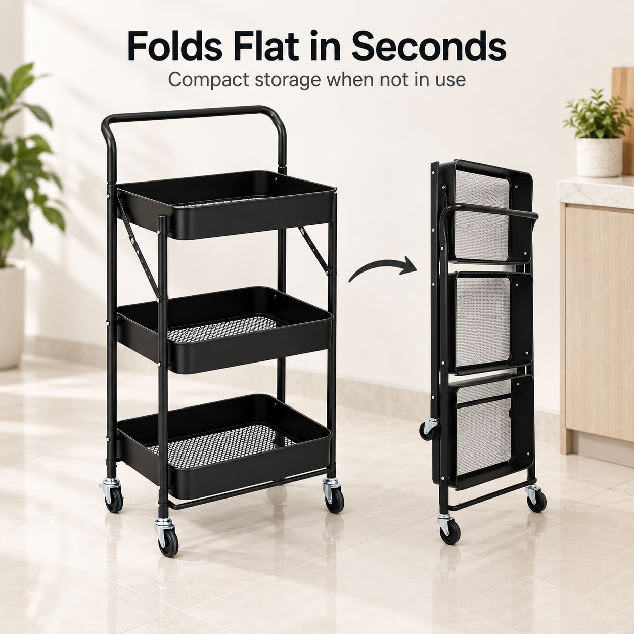 Matrix 3-Layer Foldable Metal Trolley – Multi-Tier Storage Organizer