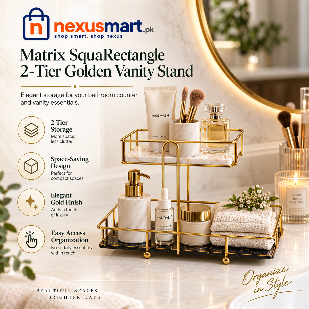 Matrix Square Rectangle 2-Tier Golden Vanity Stand – Countertop Organizer