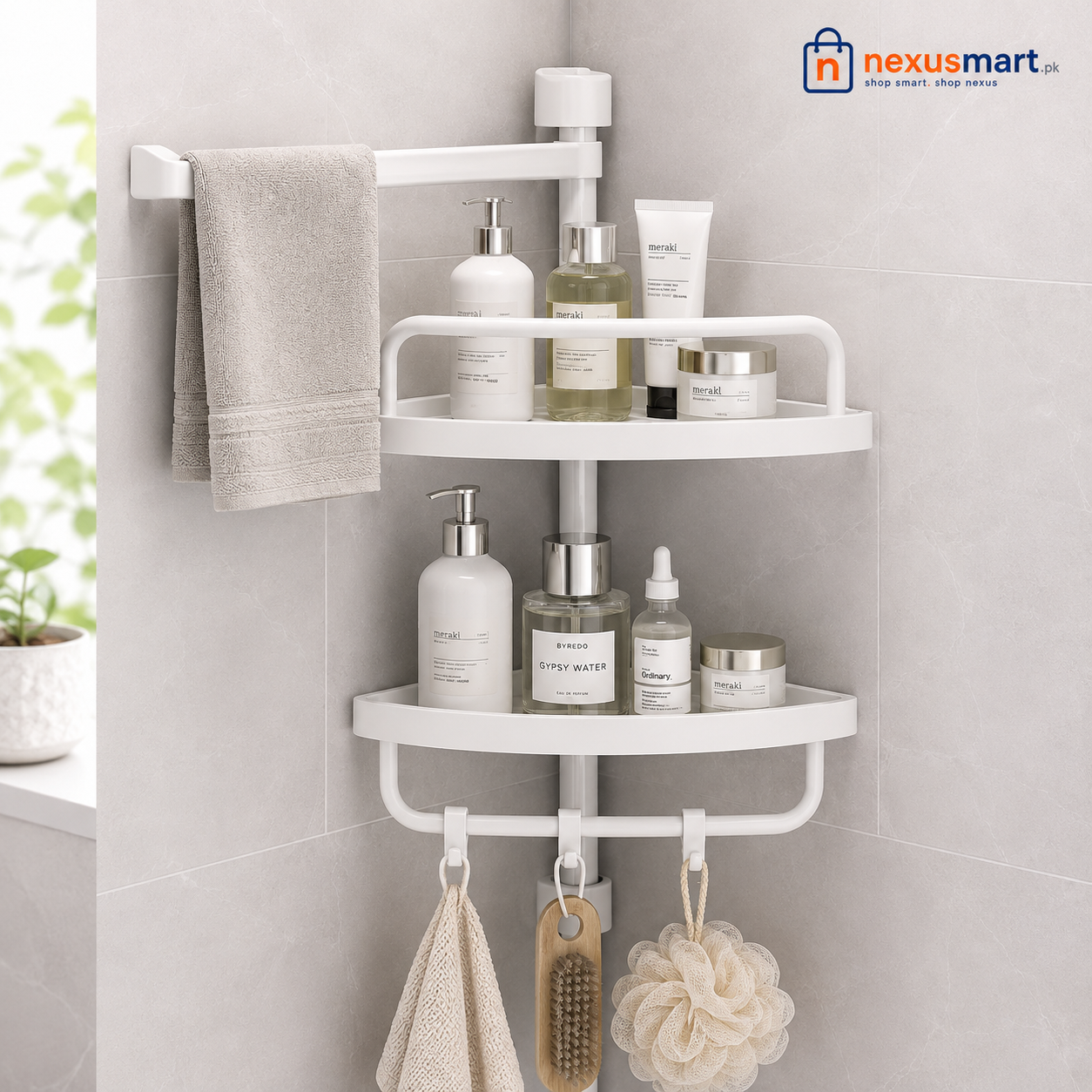 2-Layer Multi Corner Bathroom Shelf with Towel Bar & Hooks – Space-Saving Organizer