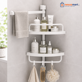 2-Layer Multi Corner Bathroom Shelf with Towel Bar & Hooks – Space-Saving Organizer