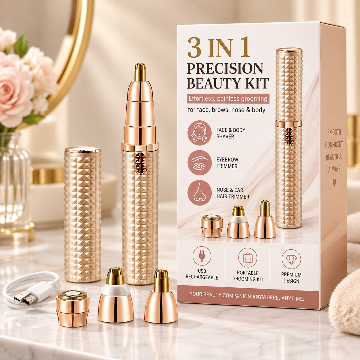 3-in-1 Golden Rechargeable Hair Remover – Facial & Body Grooming Kit