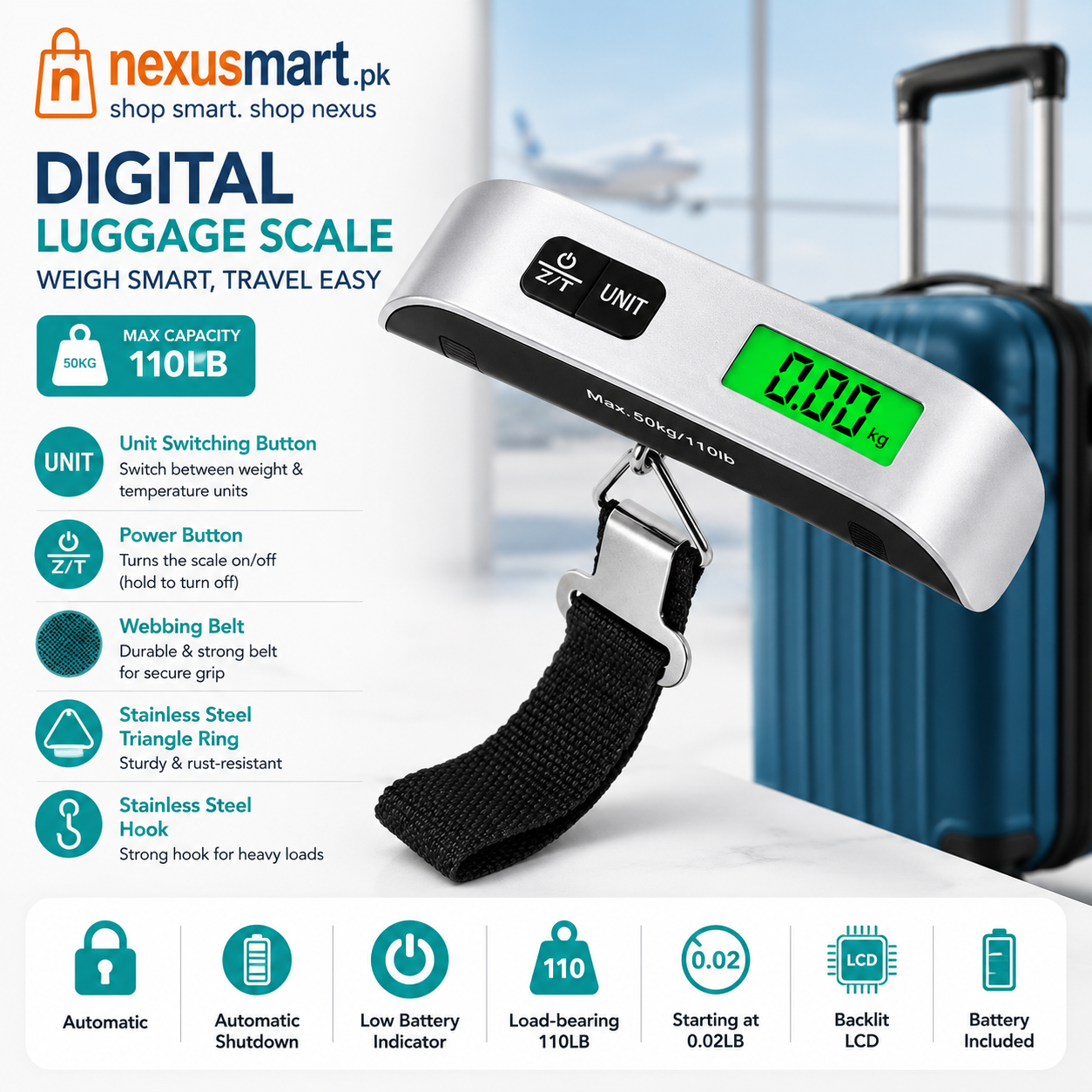 Digital Luggage Scale 110LB with Backlit LCD & Hook