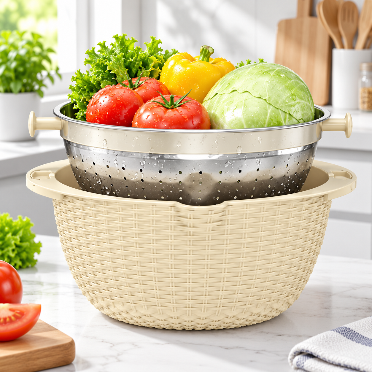4-in-1 Rotatable Colander with Lid & Grater – Mixing Bowl Strainer Set