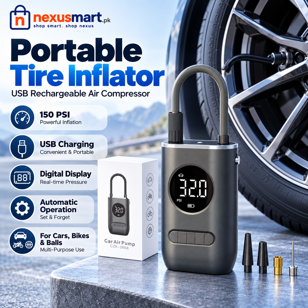 Portable Tire Inflator Air Compressor – 150 PSI USB Rechargeable Digital Pump