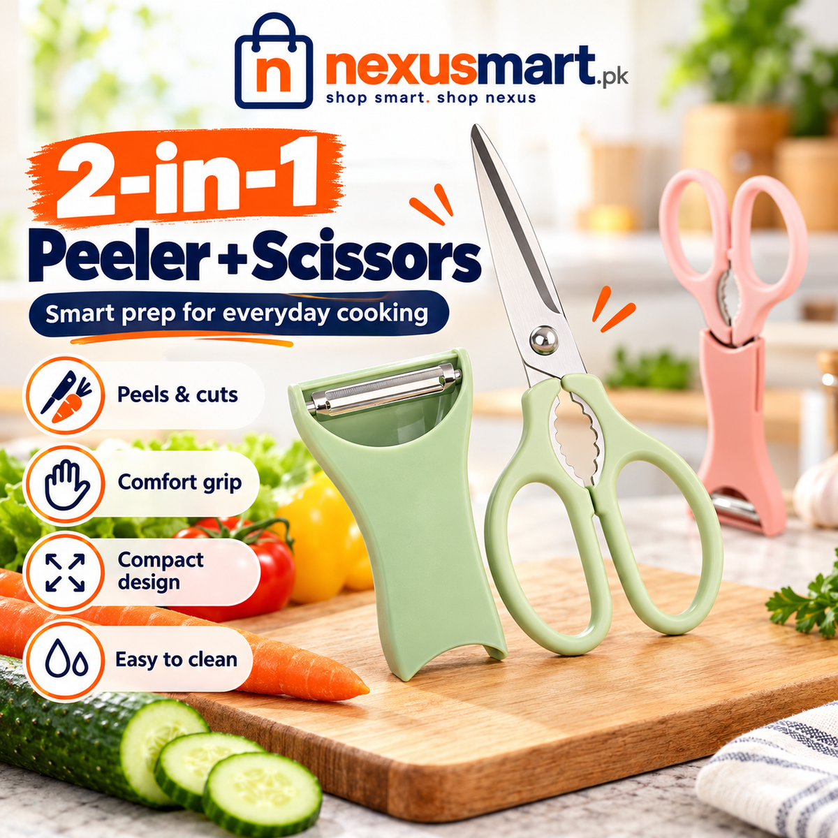 2-in-1 Peeler with Scissors – Multipurpose Kitchen Cutting & Peeling Tool