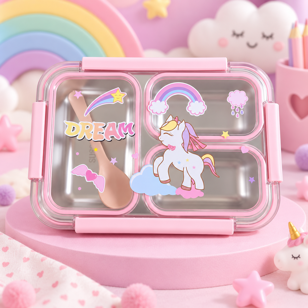 3-Compartment Kids Stainless Steel Lunch Box with Spoon – Space & Unicorn Themes