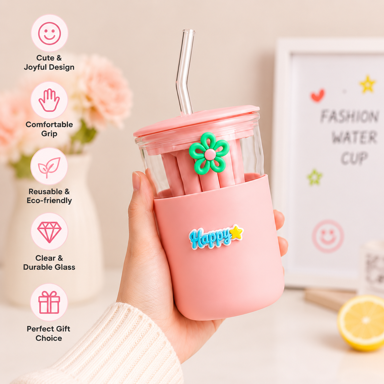 350ml Glass Straw Sipper – Cute Portable Water Bottle with Flip Lid