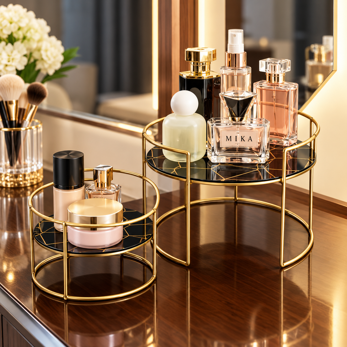 Matrix Golden Vanity Duo – Decorative Vanity Organizer Set