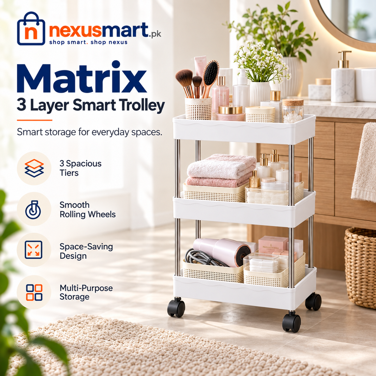 Matrix 3-Layer Smart Trolley – Multi-Tier Storage Organizer