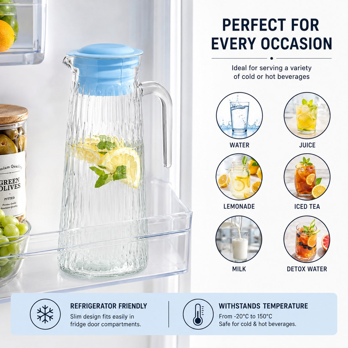 1000 ml Glass Jug with Lid & Handle – Hot & Cold Beverage Pitcher