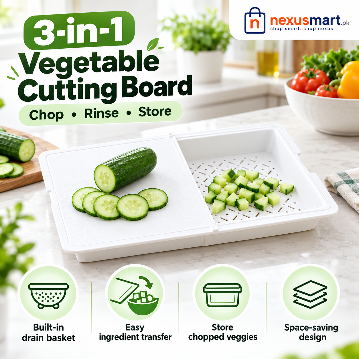 3-in-1 Cutting Board with Dual Compartments & Drainage Basket