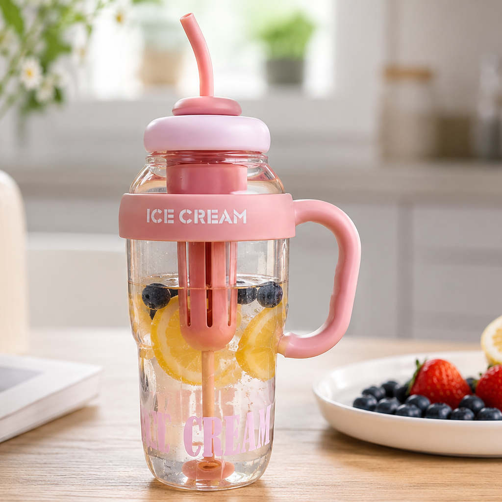 1300ML Ice Cream Fruit Infuser Water Bottle with Straw & Handle – Leakproof Tea Infuser Tumbler